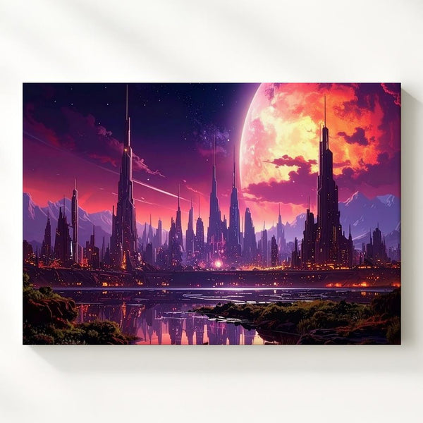 Alien Cityscape Canvas – Futuristic Spires and Glowing Planet - Gifitto