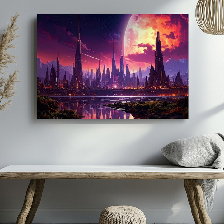 Alien Cityscape Canvas – Futuristic Spires and Glowing Planet - Gifitto