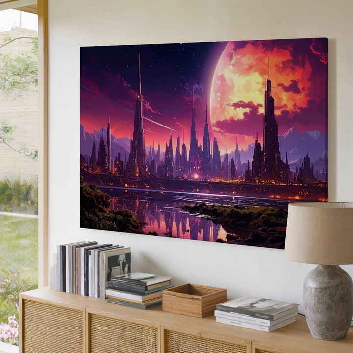 Alien Cityscape Canvas – Futuristic Spires and Glowing Planet - Gifitto