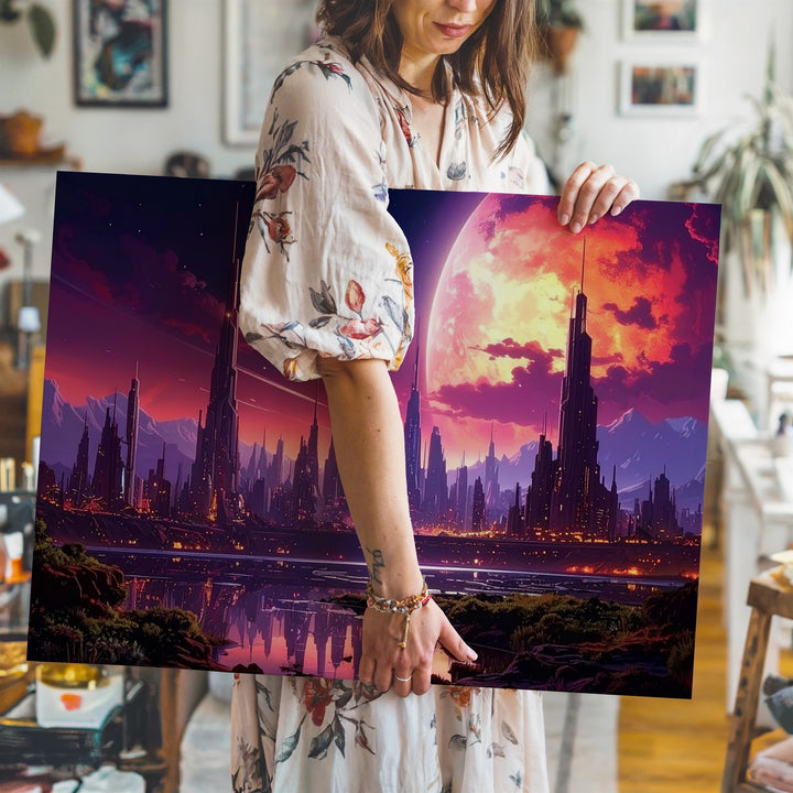 Alien Cityscape Canvas – Futuristic Spires and Glowing Planet - Gifitto