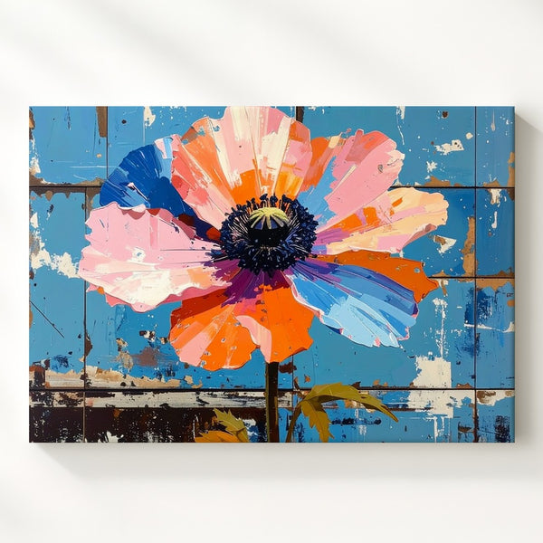 Vibrant Poppy Bloom Canvas – Bold Floral Art on Turquoise Wood Texture - Gifitto