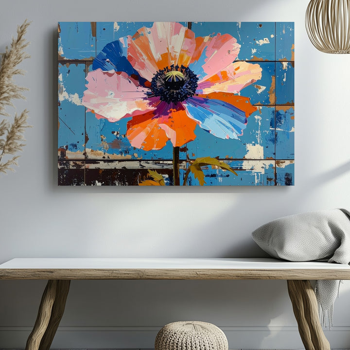 Vibrant Poppy Bloom Canvas – Bold Floral Art on Turquoise Wood Texture - Gifitto