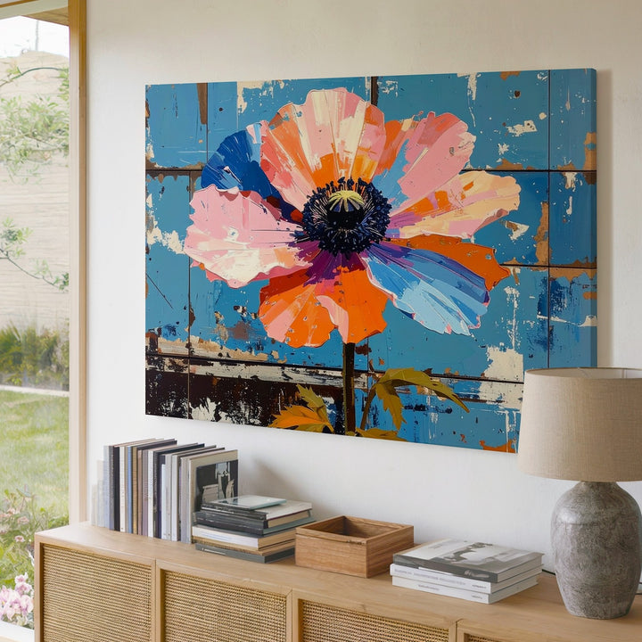 Vibrant Poppy Bloom Canvas – Bold Floral Art on Turquoise Wood Texture - Gifitto