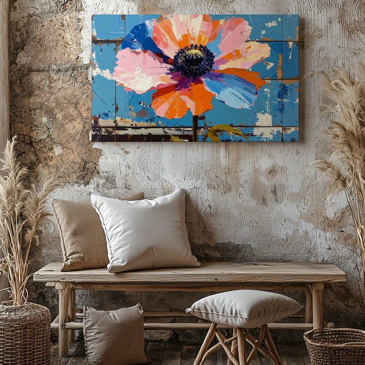 Vibrant Poppy Bloom Canvas – Bold Floral Art on Turquoise Wood Texture - Gifitto