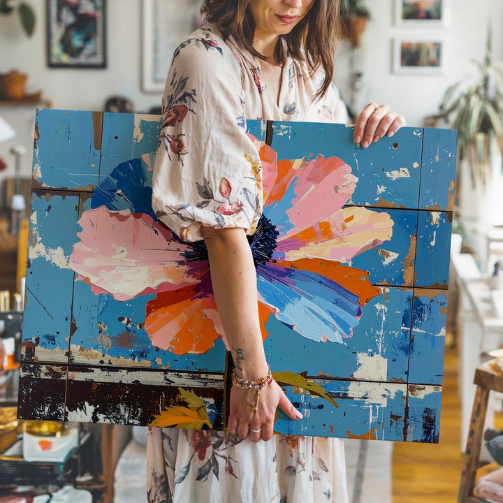 Vibrant Poppy Bloom Canvas – Bold Floral Art on Turquoise Wood Texture - Gifitto