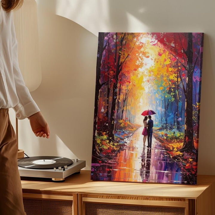 Romantic Forest Walk Canvas – Couple Under Glowing Umbrella - Gifitto