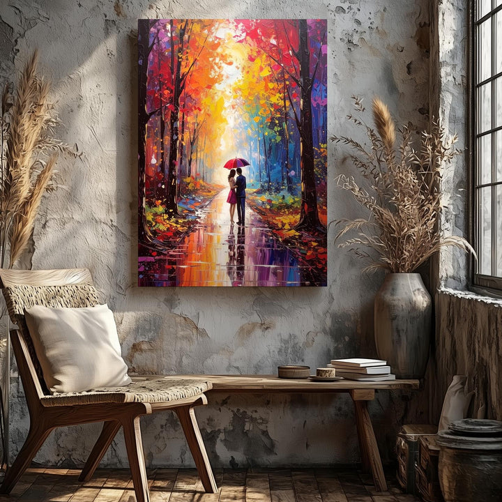 Romantic Forest Walk Canvas – Couple Under Glowing Umbrella - Gifitto