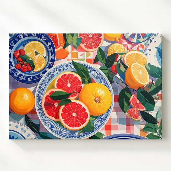 Citrus Picnic Pattern Canvas – Vibrant Market-Inspired Fruit & Dish Art - Gifitto