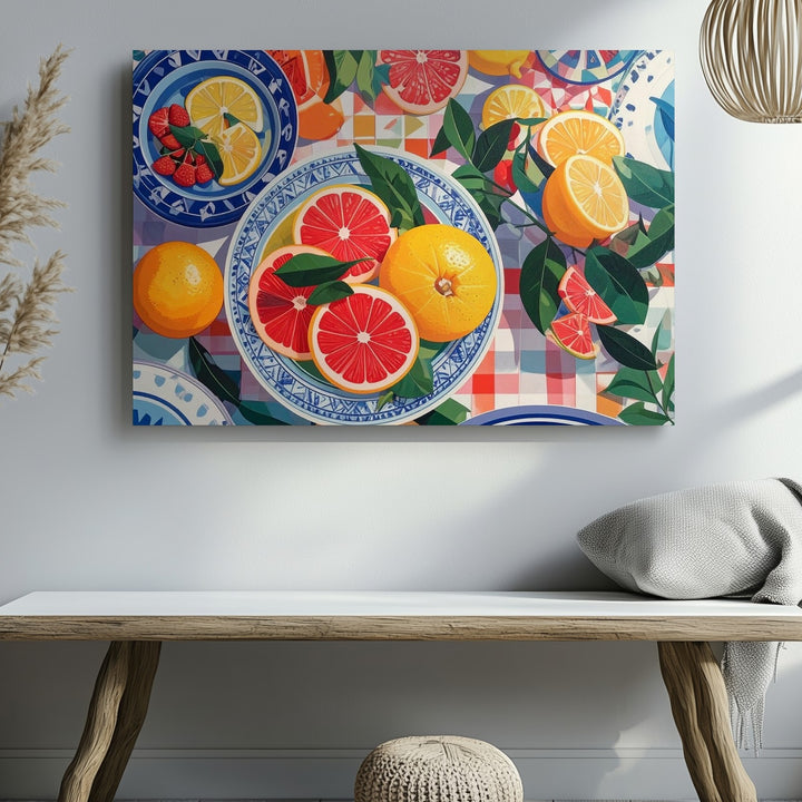 Citrus Picnic Pattern Canvas – Vibrant Market-Inspired Fruit & Dish Art - Gifitto