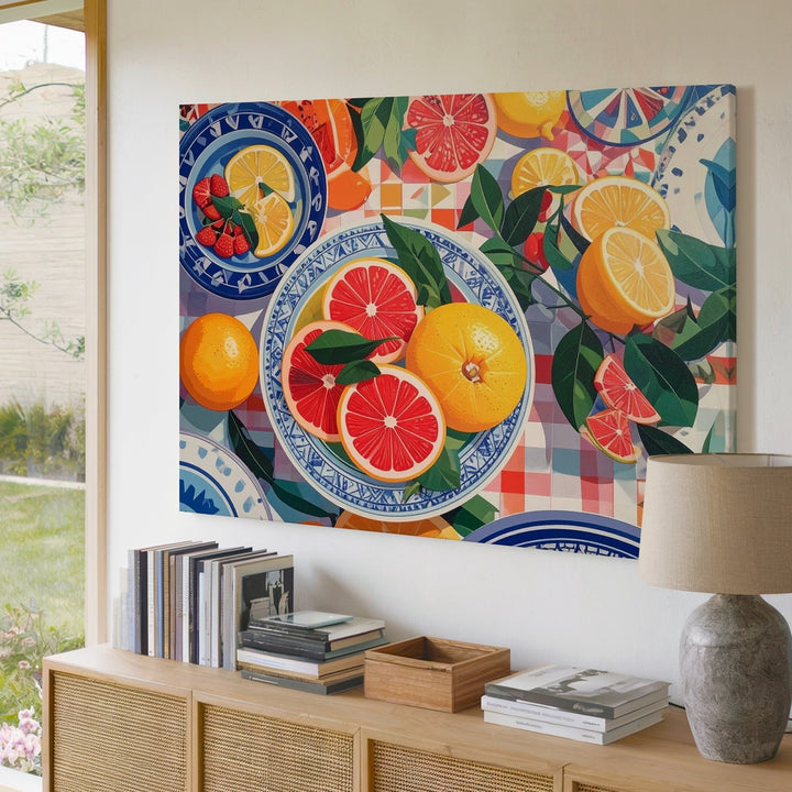 Citrus Picnic Pattern Canvas – Vibrant Market-Inspired Fruit & Dish Art - Gifitto