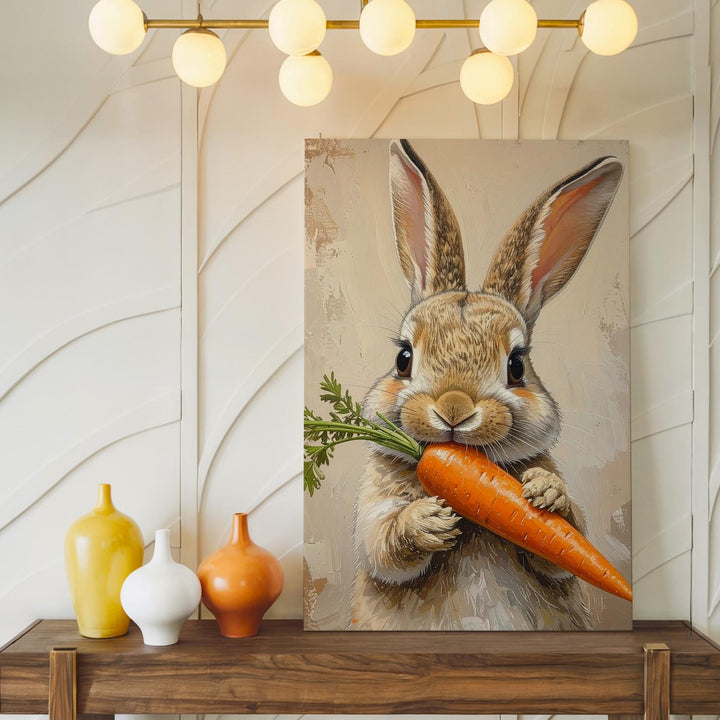 Playful Rabbit with Carrot Canvas – Joyful Spring Wall Art - Gifitto
