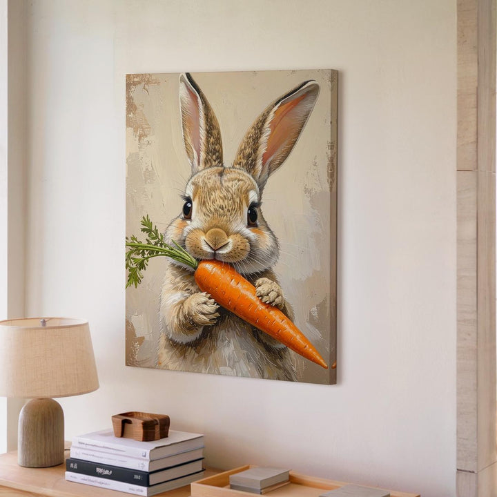 Playful Rabbit with Carrot Canvas – Joyful Spring Wall Art - Gifitto