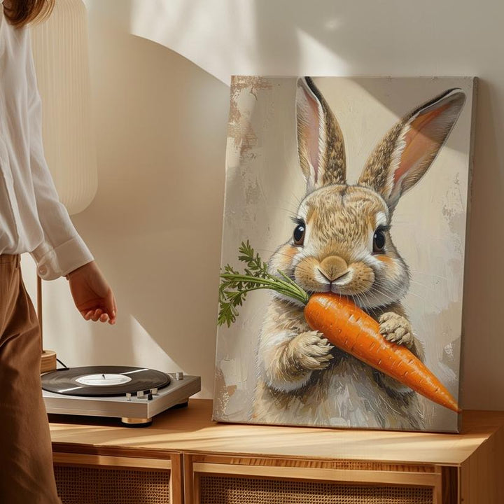 Playful Rabbit with Carrot Canvas – Joyful Spring Wall Art - Gifitto