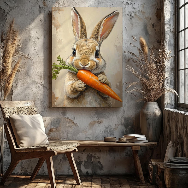 Playful Rabbit with Carrot Canvas – Joyful Spring Wall Art - Gifitto