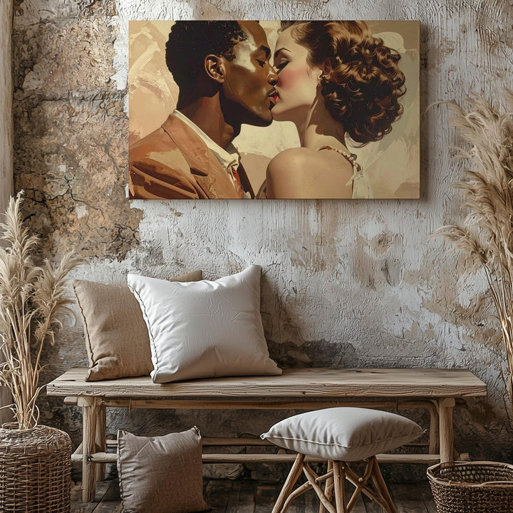 Retro Romance Kiss Canvas – Vintage 1950s Couple in Warm Tones - Gifitto