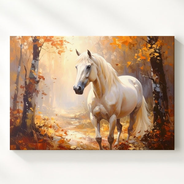 Serene White Horse Canvas – Tranquil Autumn Forest Equestrian Art - Gifitto