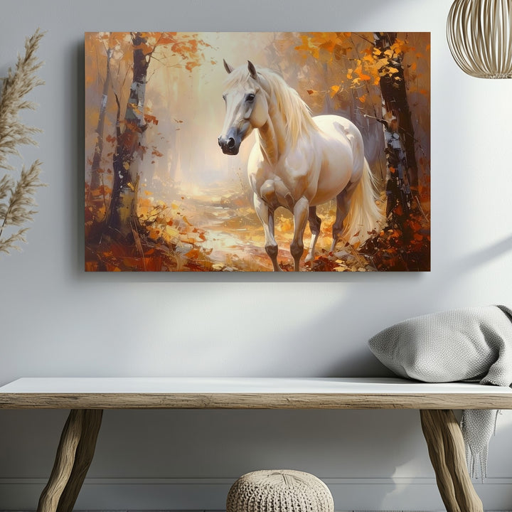 Serene White Horse Canvas – Tranquil Autumn Forest Equestrian Art - Gifitto