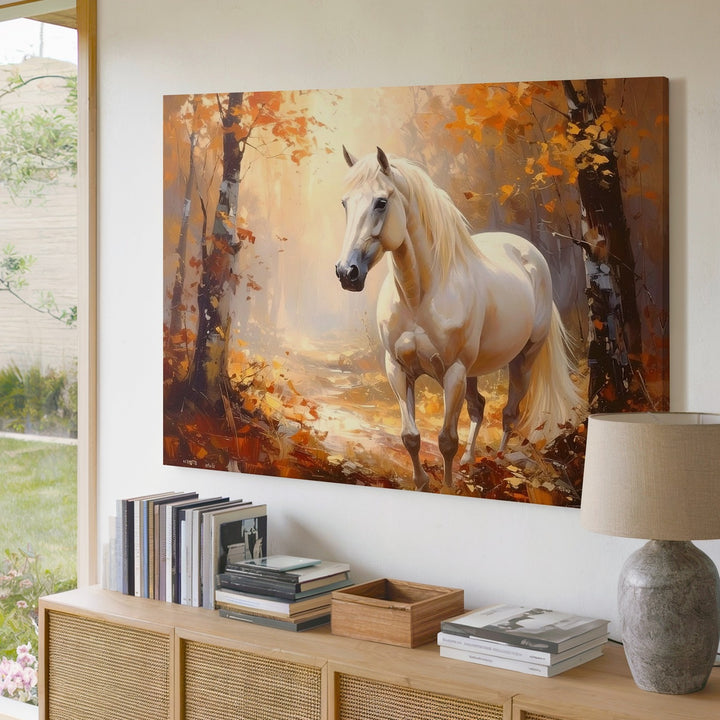 Serene White Horse Canvas – Tranquil Autumn Forest Equestrian Art - Gifitto
