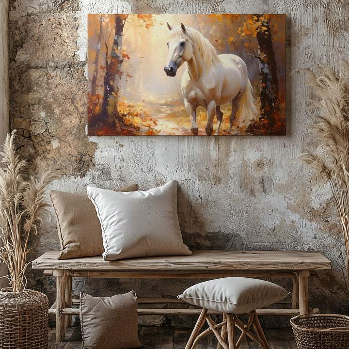 Serene White Horse Canvas – Tranquil Autumn Forest Equestrian Art - Gifitto