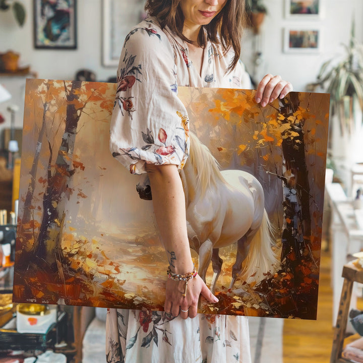 Serene White Horse Canvas – Tranquil Autumn Forest Equestrian Art - Gifitto