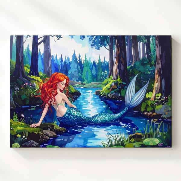 Forest Pond Mermaid Canvas – Whimsical Red-Haired Fantasy Wall Art - Gifitto