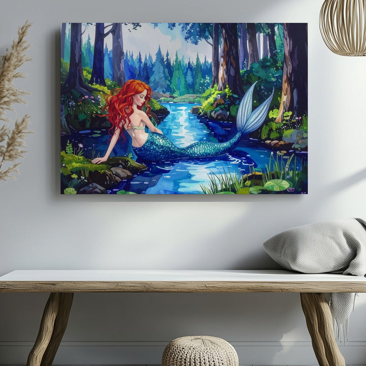 Forest Pond Mermaid Canvas – Whimsical Red-Haired Fantasy Wall Art - Gifitto
