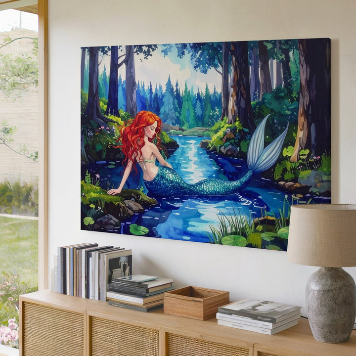 Forest Pond Mermaid Canvas – Whimsical Red-Haired Fantasy Wall Art - Gifitto