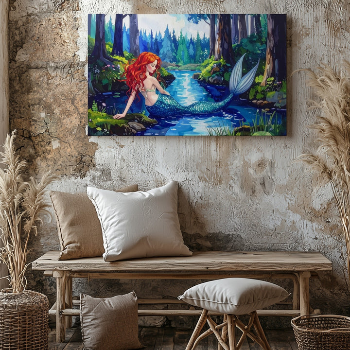 Forest Pond Mermaid Canvas – Whimsical Red-Haired Fantasy Wall Art - Gifitto