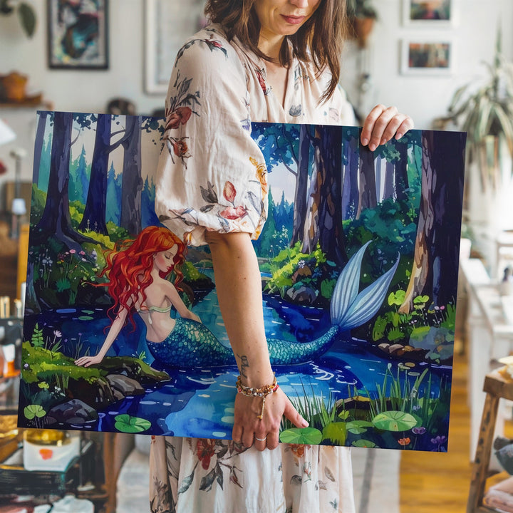 Forest Pond Mermaid Canvas – Whimsical Red-Haired Fantasy Wall Art - Gifitto