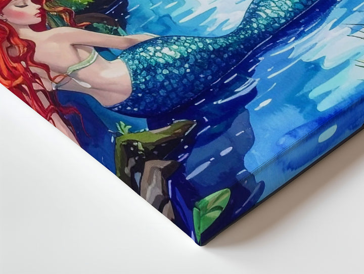 Forest Pond Mermaid Canvas – Whimsical Red-Haired Fantasy Wall Art - Gifitto