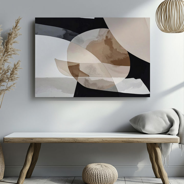 Organic Layered Forms Canvas – Abstract Art with Beige and Black-and-White Contrast - Gifitto
