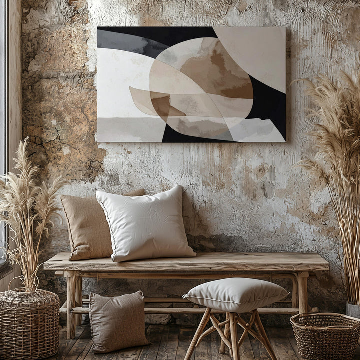 Organic Layered Forms Canvas – Abstract Art with Beige and Black-and-White Contrast - Gifitto