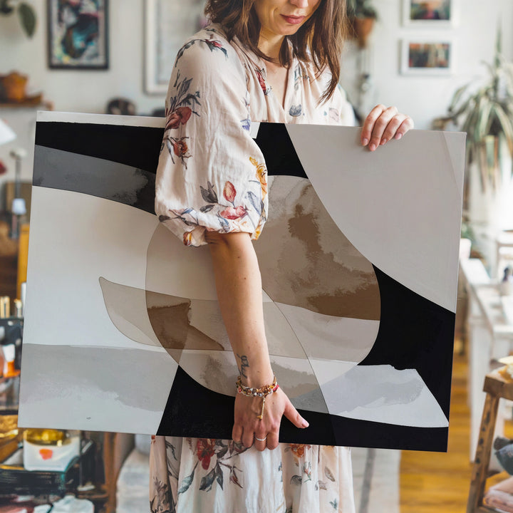 Organic Layered Forms Canvas – Abstract Art with Beige and Black-and-White Contrast - Gifitto