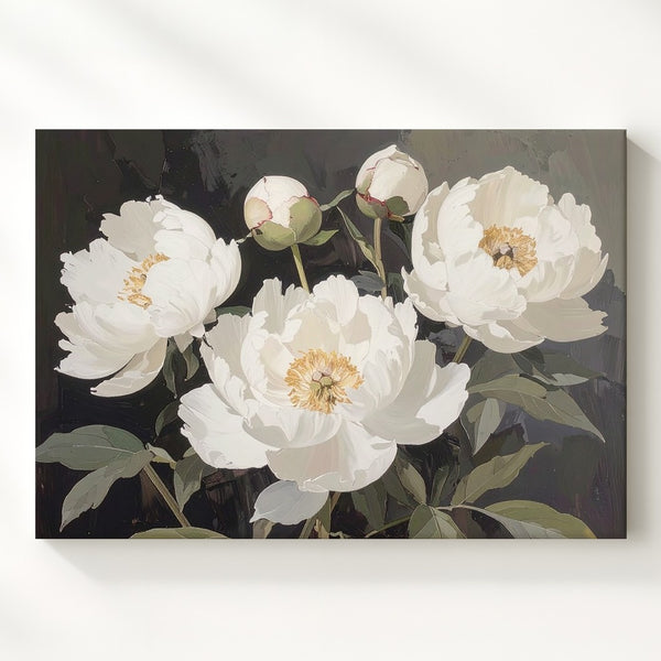 White Peonies on Dark Canvas – Elegant Floral Still Life Wall Art - Gifitto