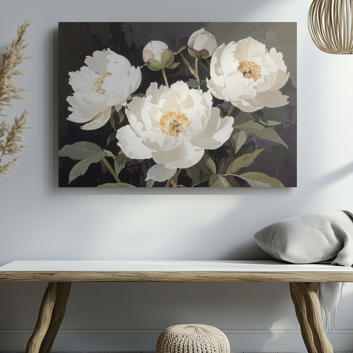 White Peonies on Dark Canvas – Elegant Floral Still Life Wall Art - Gifitto