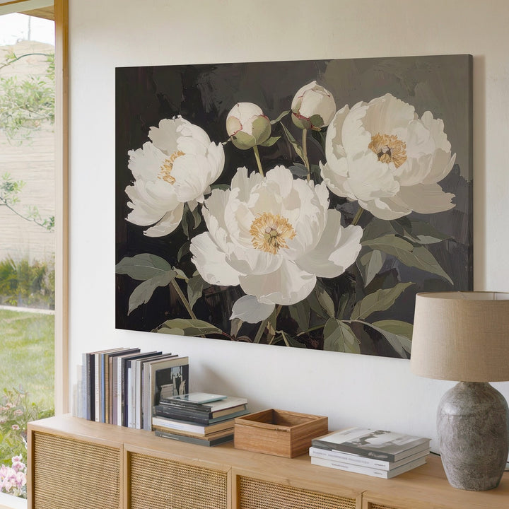 White Peonies on Dark Canvas – Elegant Floral Still Life Wall Art - Gifitto