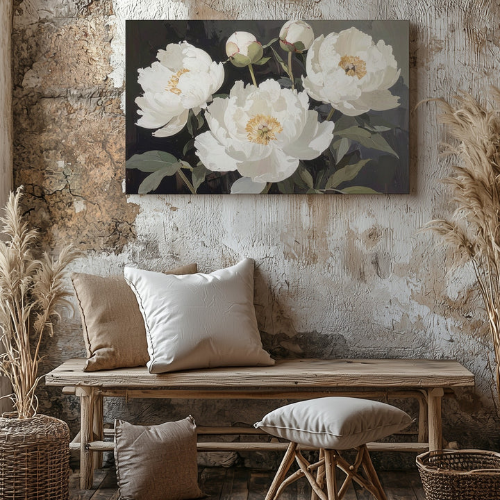White Peonies on Dark Canvas – Elegant Floral Still Life Wall Art - Gifitto
