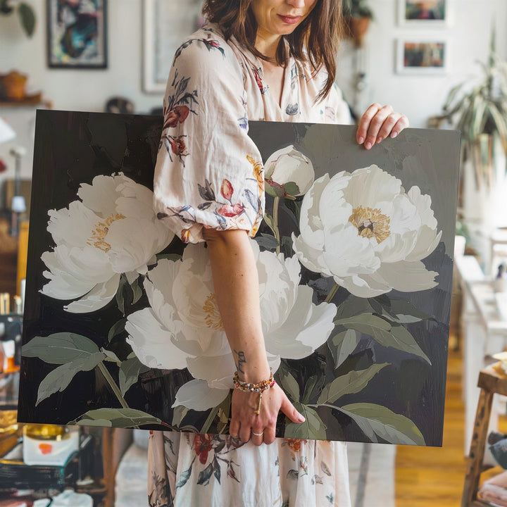 White Peonies on Dark Canvas – Elegant Floral Still Life Wall Art - Gifitto