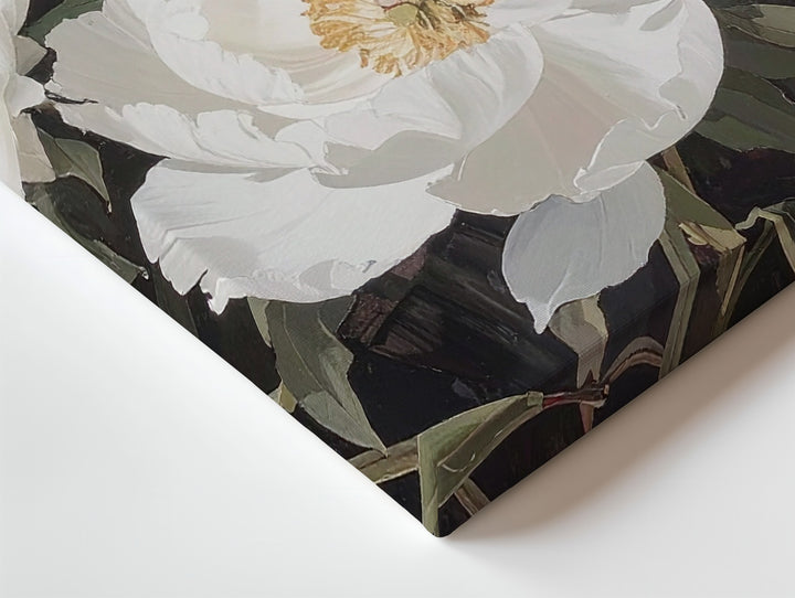 White Peonies on Dark Canvas – Elegant Floral Still Life Wall Art - Gifitto