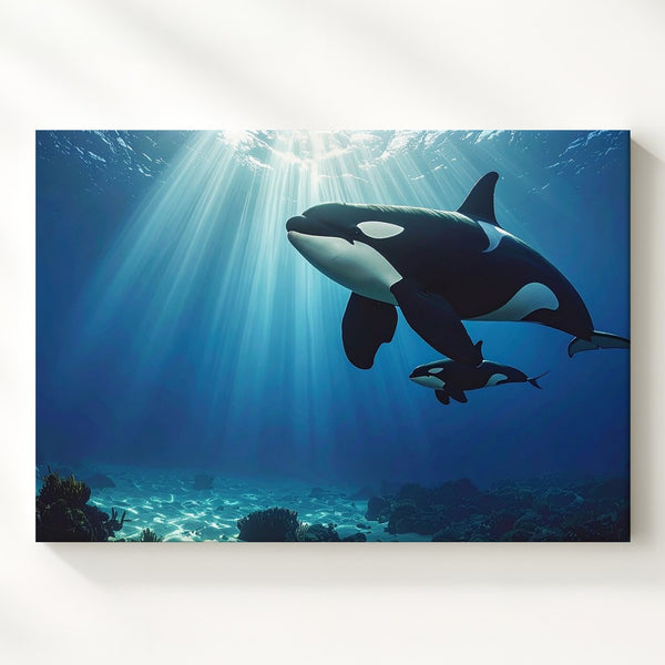 Orca Duo Canvas – Parent and Calf Swimming in Sunlit Ocean