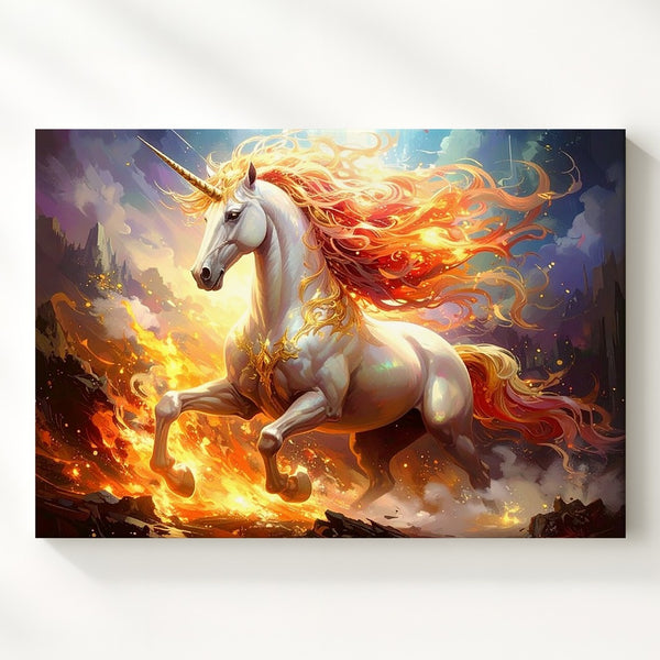 Golden Horn Unicorn Canvas – Fiery Mane in Twilight Forest - Gifitto