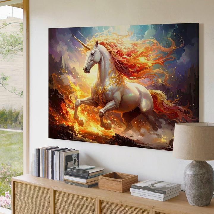 Golden Horn Unicorn Canvas – Fiery Mane in Twilight Forest - Gifitto