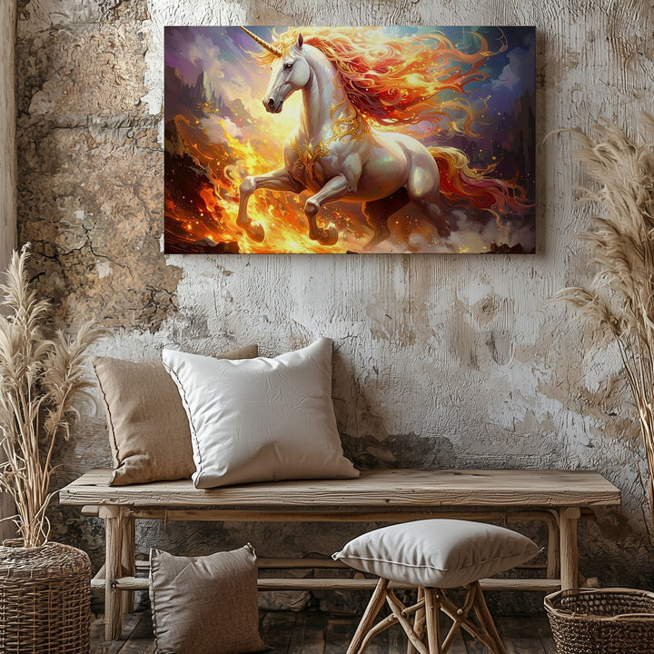 Golden Horn Unicorn Canvas – Fiery Mane in Twilight Forest - Gifitto