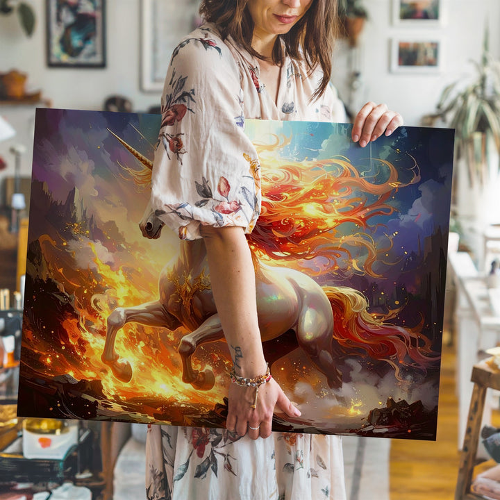 Golden Horn Unicorn Canvas – Fiery Mane in Twilight Forest - Gifitto