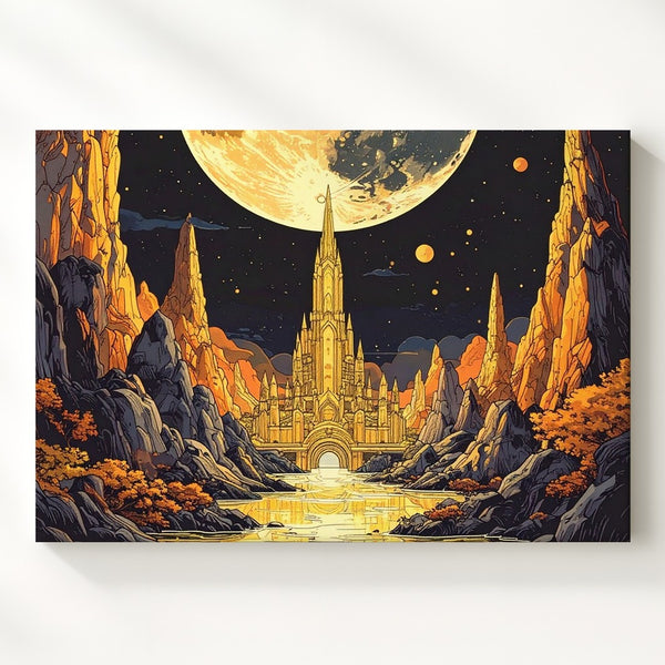 Golden Moon City Canvas – Surreal Fantasy Landscape Wall Art - Gifitto