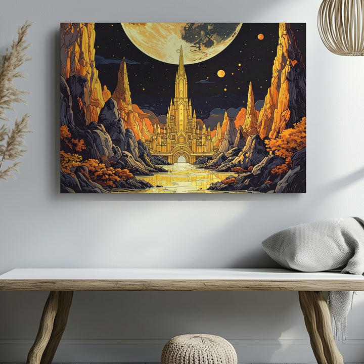 Golden Moon City Canvas – Surreal Fantasy Landscape Wall Art - Gifitto