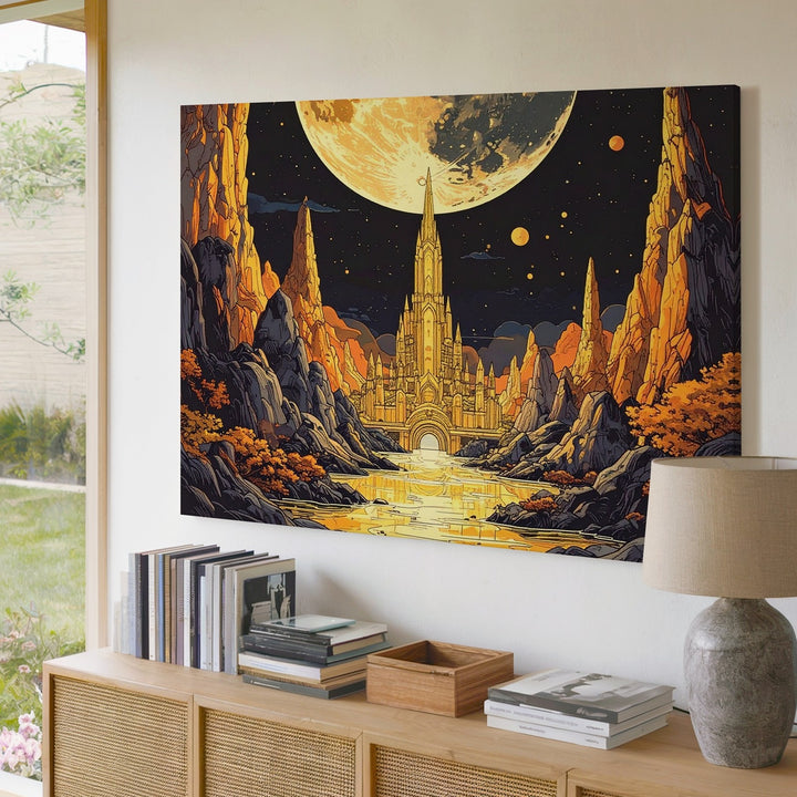 Golden Moon City Canvas – Surreal Fantasy Landscape Wall Art - Gifitto