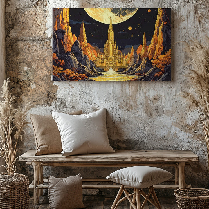 Golden Moon City Canvas – Surreal Fantasy Landscape Wall Art - Gifitto