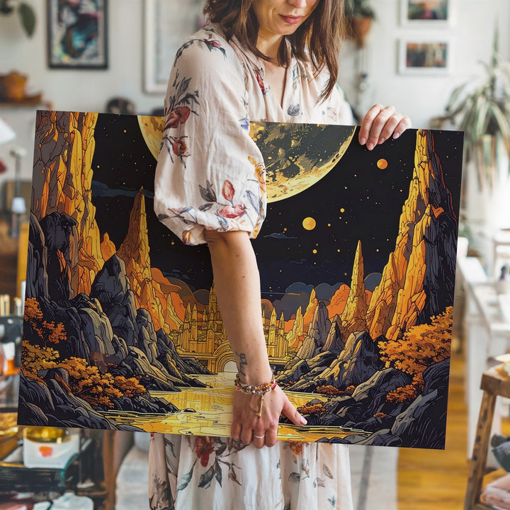 Golden Moon City Canvas – Surreal Fantasy Landscape Wall Art - Gifitto