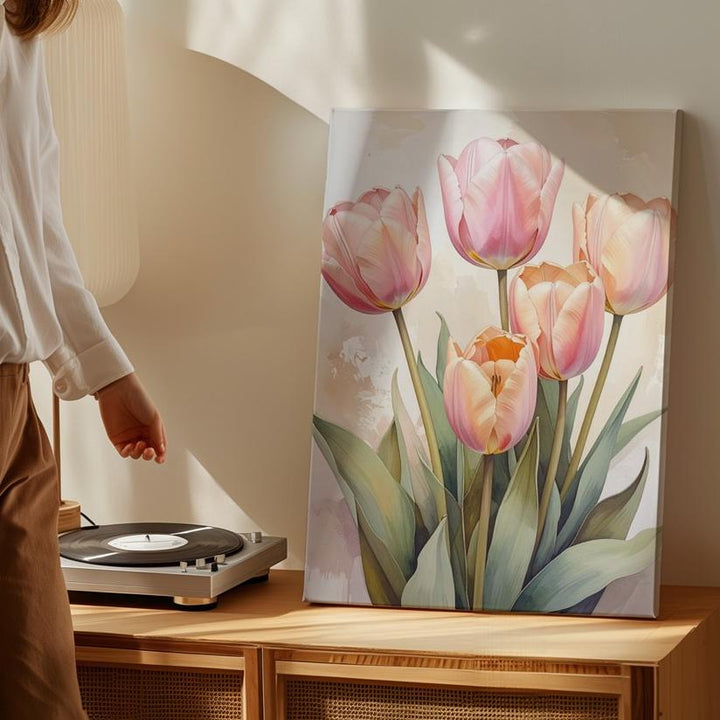 Pastel Tulip Bouquet Canvas – Elegant Spring Wall Art - Gifitto